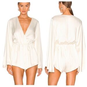 Retrofete Jasper Romper in White Silk Women’s Size Small Deep V-Neck Bell Sleeve